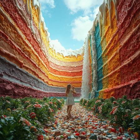 at the bottom of the multi color cake valley. The valley is made from cake and melting cream. between towering, huge cake and huge topping cream. canyon of giant layered cake. plants made of sparkling candies. pebbles of candy spread along the path. Waterfall of wine flowing out of giant bottle. a woman approaching wall of cake and tasting. a woman facing toward viewer.