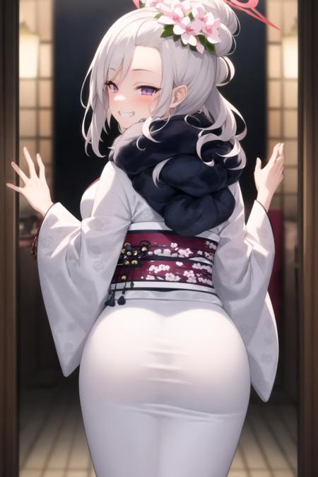 1girl, grin, half-closed eyes, from behind, hand on own ass, leaning forward, standing
nymutsuki, halo, hair bun, hair flower, white hair, purple eyes, (white kimono:1.4), long sleeves, wide sleeves, fur collar<lora:MutsukiBA-05:1>