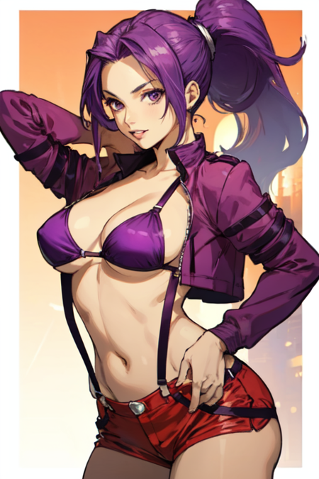 LucyFernandez, purple bikini, cropped jacket, long sleeves, purple hair, ponytail, red shorts, large breasts, navel, cleavage, suspenders 