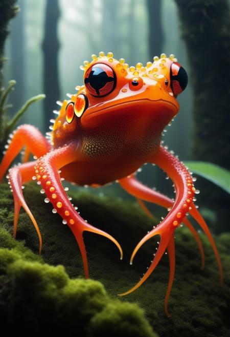 ASCIIthe image presents a fantastical creature that resembles a frog, but with an otherworldly appearance. the creature is predominantly red and orange in color, giving it a vibrant and striking appearance. it has large, expressive eyes that seem to be wide open, suggesting a sense of surprise or curiosity. the creature's head is crowned with a large, clear bubble like structure, which is adorned with small yellow spines along its surface. this adds a unique texture and visual interest to the creature's appearance. the body of the creature is composed of thin, red tentacles that extend from its back and sides. these tentacles are arranged in a way that gives the creature a somewhat spiky appearance, adding to its overall fantastical nature. the background of the image features various plants and trees, suggesting that the creature might be situated in a forest or natural environment. the presence of these elements helps to create a sense of depth and context for the creature's surroundings.