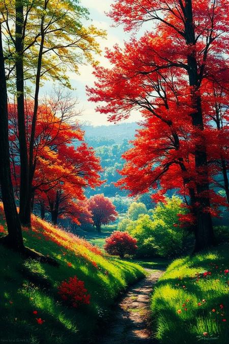 The gorgeous oil painting designed by AI show a palace-level design sense and are pleasing to the eye. The design color is mainly green red purple like spring landscape with early morning sunlight. Midjourney_Whisper