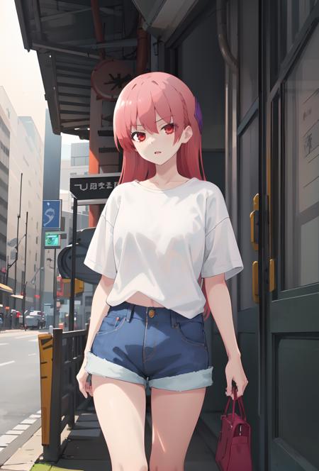 outdoor background, (masterpiece:1.2), (best quality:1.15), extremely detailed, perfect lighting, (alternate costume), (White shirt:1.2), female shirt, shorts, denim shorts, short sleeves, tsukasa, 1girl, solo, <lora:[Anime] Tsukasa Tokinawa B:0.8>