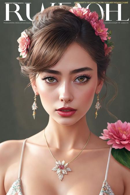 photo of (n3slih4n:0.99), a woman in the cover of a fashion magazine, (magazine cover:1.3), modelshoot style, (extremely detailed CG unity 8k wallpaper), photo of the most beautiful artwork in the world, professional majestic oil painting by Ed Blinkey, Atey Ghailan, Studio Ghibli, by Jeremy Mann, Greg Manchess, Antonio Moro, trending on ArtStation, trending on CGSociety, Intricate, High Detail, Sharp focus, dramatic, photorealistic painting art by midjourney and greg rutkowski, (floral dress with neckline), (looking at viewer), (detailed pupils:1.3), (modern outfit:1.2), (closeup), red lips, (eye shadow), (magazine print), (magazine text), (magazine title:1.1)