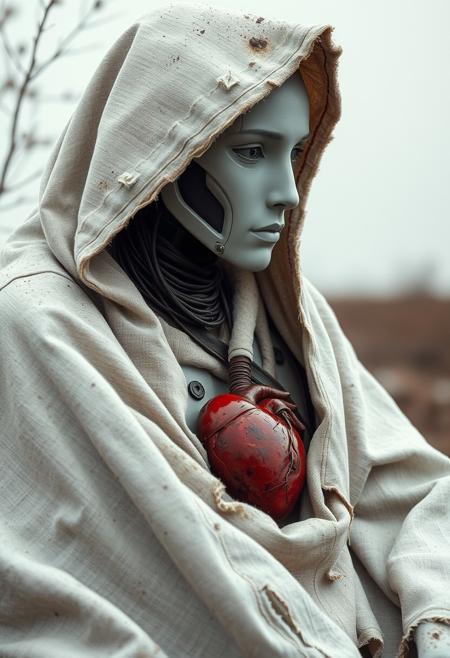 sideview, super closeup portrait, The Shepard robot sits quietly in a secluded spot with bloody human heart on its lap, Describe the melancholic scene of a light mudded dirty hooded noface sci-fi sheep-robotic shepherd cyborg draped in a muddy torn thick white bedouin linen cloak.  Its face remains concealed, and the large hooded cape over its head is made of coarse, thick, dirty, torn and worn white linen fabric. It exudes a silent presence, as the surroundings are permeated with a blend of solitude and tender moments of affection. cables, wires, very detailed, light film grain