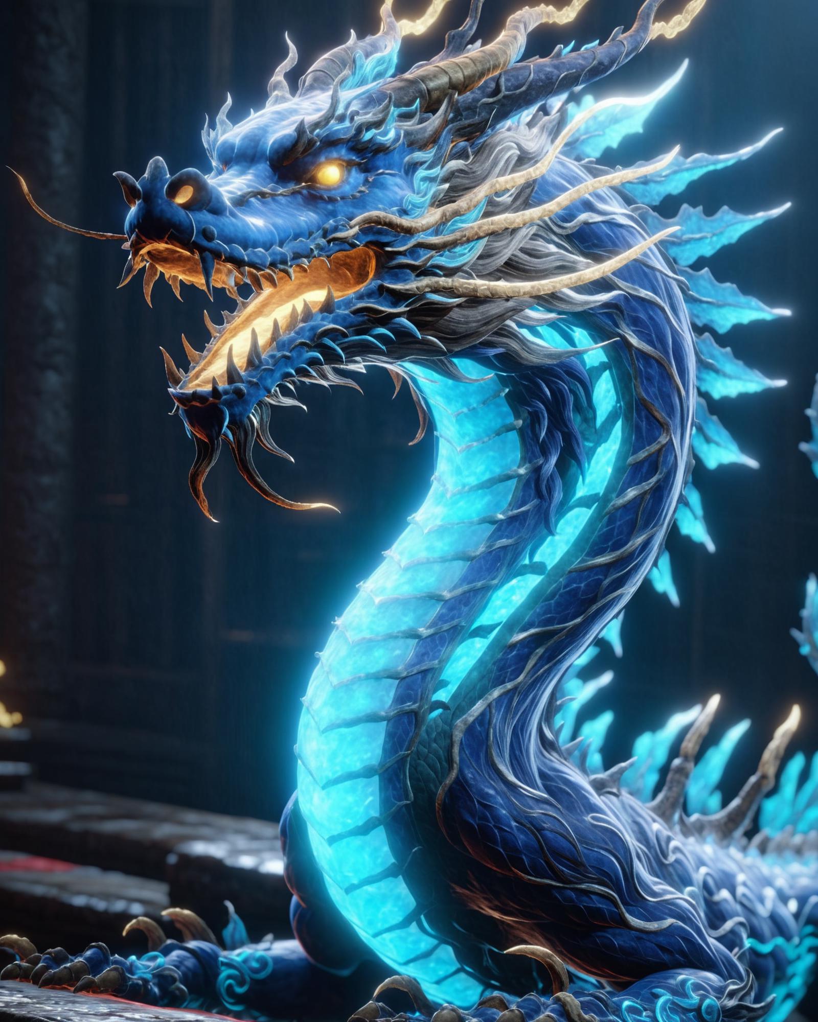Blue and white dragon with glowing eyes and a ferocious expression.
