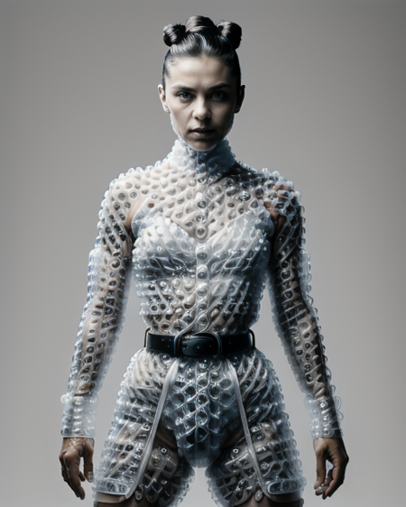 RAW photo, Intense Mesmerizing (ral-bubblewrap:1.2) , wearing ral-bubblewrap, its ral-bubblewrap has a Leather belt, Shed in background, Sharp and in focus, Delighted, Cutepunk, sharp, focussed, Ilford FP4 125, Selective focus, <lora:ral-bubblewrap-sd15:1.1>, vibrant, intricate, striking, fine polished, cinematic atmosphere, ambient