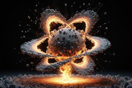 explosive moment of atomic division, convey the raw power and energy, atom fractures, cascade of particles, mesmerizing dance of matter breaking apart, revealing the fundamental forces that shape our universe, black background,  <lora:add-detail-xl:0.8>