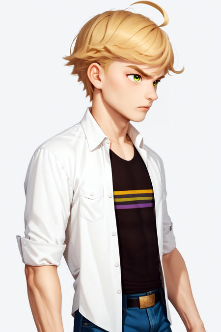 imtdadrien, 1boy, blonde hair, green eyes, short hair, bangs, ahoge, shirt, open clothes, pants, black shirt, white collared shirt, jeans, denim pants, belt, sleeves rolled up