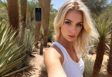 24 year old, supermodel, very skinny, petite, medium breasts, Blond shaggy hair, Syrian real world location , tan skin, blue eyes, fair skinned,   best quality , RAW photo, subject, 8k uhd,  high quality, photorealistic, high-end    , fair-skinned female, pale skin, ,   exclusive  , nightmare couture, regal, 
Intricate  , Ricoh R8,        ,    high-status,  at a desert botanical research garden,  <lora:add-detail-xl:1>
Extreme close-up, <lora:slogmclsfXLrd:0.8> slogmclsfft, 1girl, solo, realistic, selfie, phone, cellphone, smartphone, holding phone, holding, Fit,