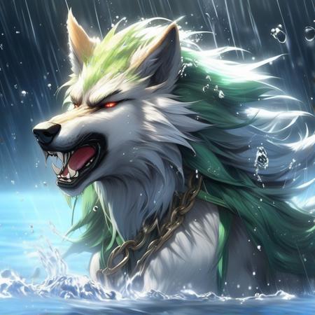 link (wolf form), loztotk, muscular, long hair, splashing out of water, closed eyes, wet body, furry, stunning detail