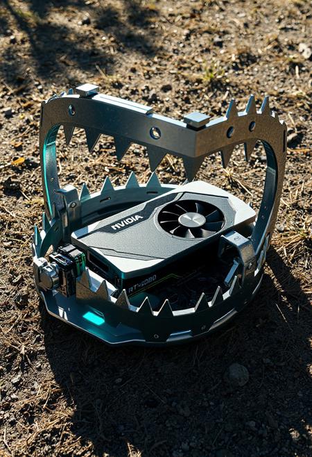JNANX,luminous white silhouette,cyan glow,emerald highlights,flickering outline,dreamlike movement,
"A visually striking digital artwork depicting a high-end NVIDIA RTX 4080 graphics card caught firmly within the jaws of a large, metallic bear trap. The trap is realistically rendered, showcasing its sharp, interlocking teeth and the sturdy metal base and levers. The graphics card, positioned centrally within the trap, displays its sleek design, including visible fans and branding details such as 'RTX 3080'. The scene is set outdoors on a textured ground that resembles dry grass and scattered pebbles, suggesting a natural environment juxtaposed with the manufactured object and trapping device. The lighting in the image is natural and casts subtle shadows, highlighting the three-dimensional form of both the trap and the graphics card. The overall mood of the artwork is one of irony and perhaps a commentary on the difficulty or 'trap-like' nature of acquiring such coveted hardware. The perspective is a slightly elevated angle, allowing for a clear view of the entire composition, emphasizing the vulnerability of the technology within the harsh mechanical grip of the trap. The color palette is predominantly muted grays and blacks for the trap and the surrounding ground, contrasting slightly with the silver and black of the graphics card.