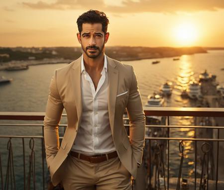 Nautical-themed (Photo:1.3) of (Ultrarealistic:1.3) <lora:Man_Men_FFashion:1> Darren Criss a man <lora:nikhil-sabharwal-Darren-Criss:0.8> in a tan suit standing on a balcony, sun behind him, inspired by Pablo Munoz Gomez, shot at golden hour, editorial photograph, midshot of a hunky, by Roman Bezpalkiv, by Artur Tarnowski, maxim sukharev, by Gabor Szikszai,Highly Detailed,(Mono Color:1.3) . Sea, ocean, ships, maritime, beach, marine life, highly detailed