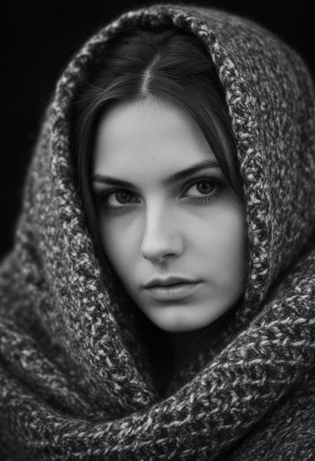 (black and white), portrait, closeup, styled 26 year old slavic super model ,wrapped in cozy woolen blanket,  striking face, strong  eyebrows, (sagging breasts), long brunette hair,  (bokeh), (cinematic), (film grain),  (natural soft body), black photostudio, dark background