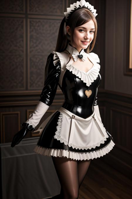 ((Masterpiece, best quality, cinematic lighting, 8k, full body shot, long hair, hour glass body)), (smile:0.85), (realistic background)
<lora:Bw_Latex_Miad_By_Stable_Yogi:1>
latex pattern, maid headdress, maid outfit, apron