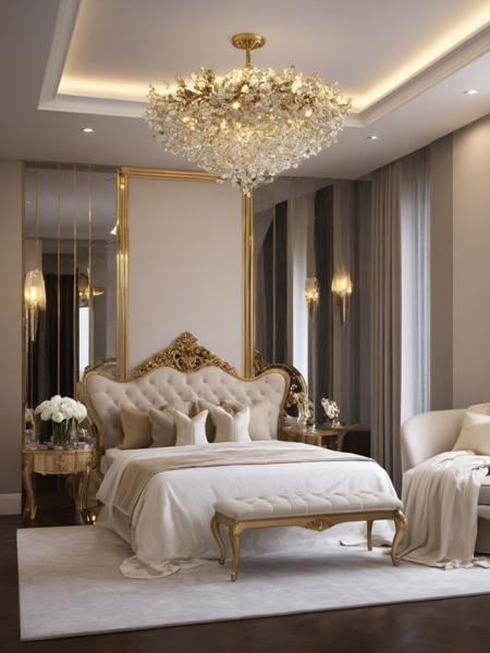 <lora:JJsLuxuryBedroom_XL:1>,  ((best quality)),((masterpiece)),((realistic)), (((Luxury Bedroom)))  , photorealistic, chair , authentic, soft lighting,indoor scenery, reflection ,wall ,rug , lamp, flower, vase , chair ,ceiling , plant, window ,curtain  ,couch, gold, dramatic lighting,