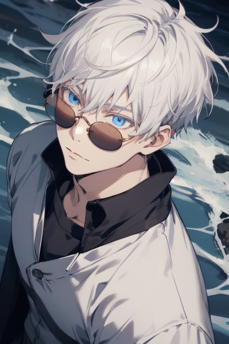 satoru gojo,1boy,solo,male focus,white hair,short hair,hair between eyes,blue eyes,upper body,colored eyelashes,sunglasses,smile,