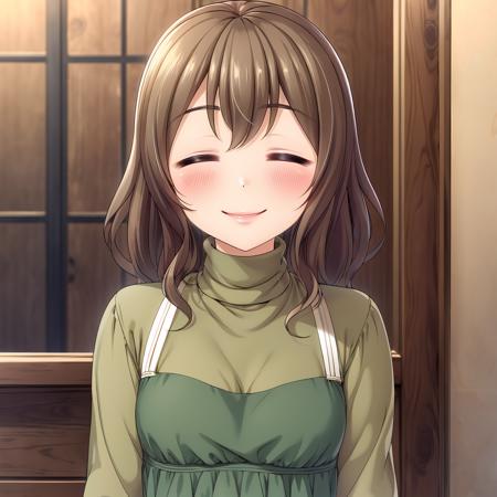 NonokaFukami,1girl, hairclip, turtleneck,green dresses,