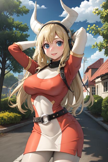 Tsunotori, 1girl, solo, long hair, blonde hair, horns, blue eyes, large breasts, looking at viewer, smile, bangs, closed mouth, belt, breasts, dress, gloves, fingerless gloves, hairband, cowboy shot, standing, arms behind head, arms up, shirt, cleavage, headphones, pantyhose, white pantyhose, black hairband, two-tones dress, outdoors, sky, clouds, trees, bushses, buildings, school,
BREAK
masterpiece, best quality, highly detailed background, perfect lightingbest quality ((shiny skin, glossy skin, detailed skin))
 <lora:Tsunotori:0.8>