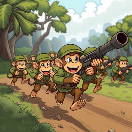 Cartoon monkeys running an artillery corps