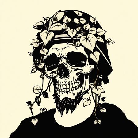 Skull in military helmet, Vines covering skull Jesus, black and white silhouette, Looking like it's fading away, the word F4RSH0T