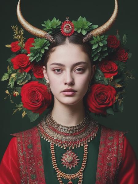 <lyco:SofonisbaAnguissola:1.0> a girl wears a headdress with horns on it, in the style of hyperrealistic wildlife portraits, dark green and red, sofonisba anguissola, bess hamiti, medieval art, naturalistic depictions of flora and fauna, glen orbik