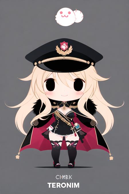 assembly, 1girl, blonde hair, hat, chibi, long hair, solo, cape, thighhighs, fur trim, peaked cap, smile, flat color, fur-trimmed cape, military, black thighhighs, black eyes <lora:arkblock:1>