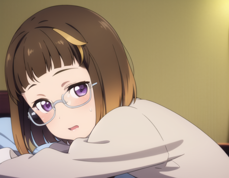 (best quality, masterpiece:1.4), detailed background, detailed face, detailed eye, 1girl, solo, <lora:aria-12:0.7>, (shibuya aria, brown hair, purple eyes, short hair), glasses, dress, lying, on bed, from side