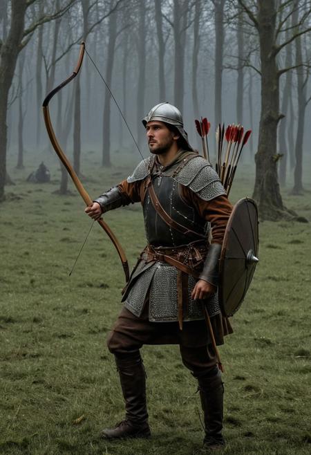 (glowing_arrows:1.5), (elven_runes:1.4),(english_longbow:1.7), (yew_wood:1.6) with (leather_grip:1.5), (hemp_string:1.4), (quiver:1.3) full of (feathered_arrows:1.5), (archer:1.4) in (chainmail_coif:1.3) drawing the bow, (battle_of_agincourt:1.5) background with mud and rain, dynamic_action_pose, ultra_detailed_textures, PBR_materials, cinematic_lighting, 8k, historical_accuracy, by Karl Kopinski