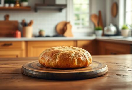 pinneaple over a wood table, symmetrical right light, deep of field of a kitchen at the background, photo realistic, photography studio style