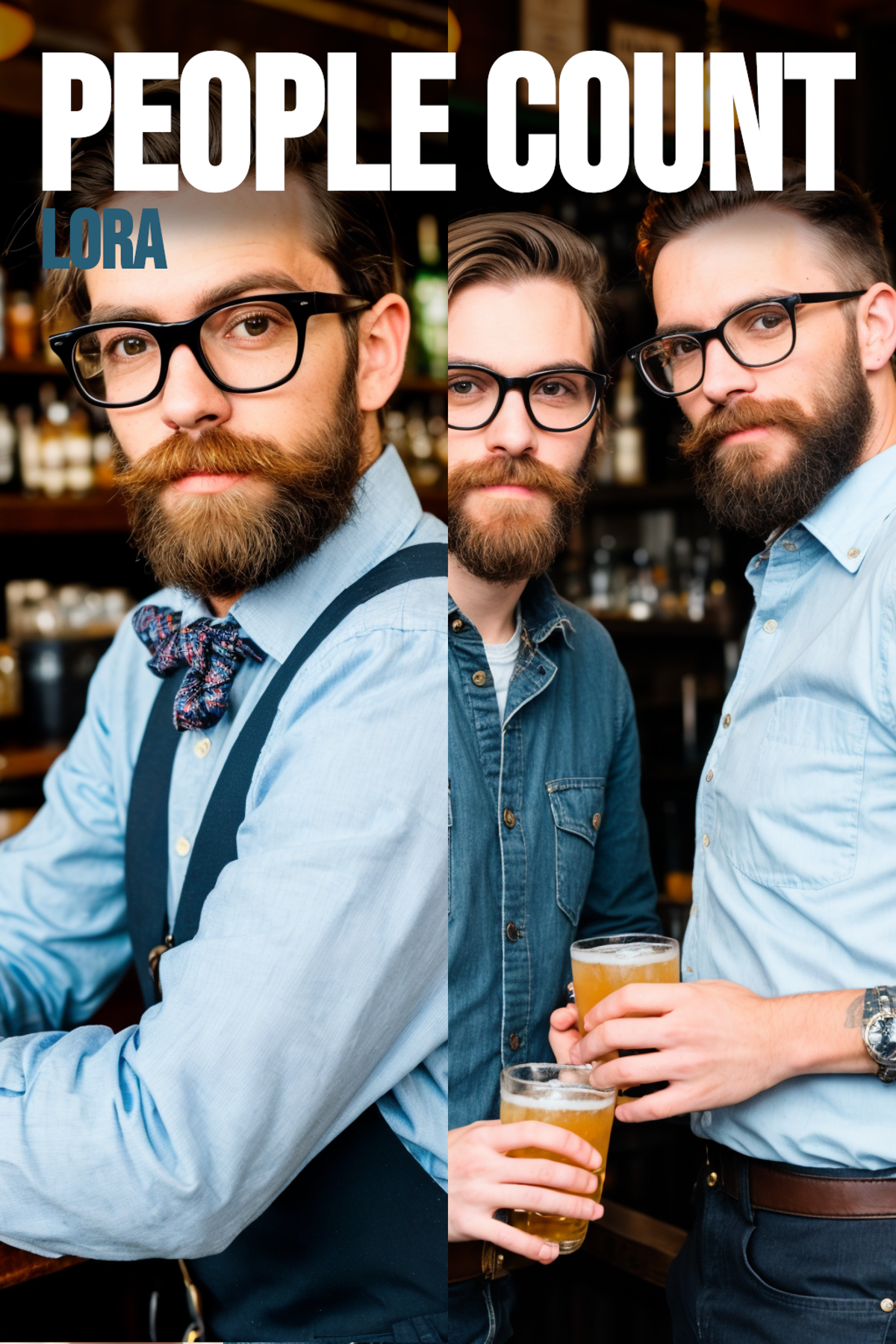 Two men with beards wearing glasses and drinking beer at a bar.