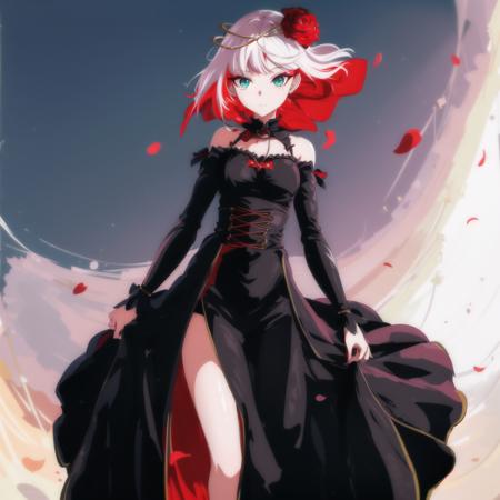 <lora:DestinyV1:0.65>,1girl,cosette schneider, Destiny,((black long dress)),red flower, hair ornament, red rose, hair flower, short hair, green eyes, standing,multicolored hair,