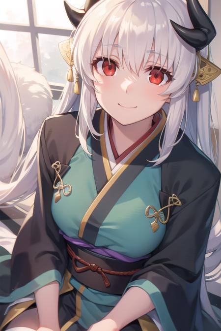 kiyohime, <lora:kiyohime-lora-nochekaiser:1>,
kiyohime, white hair, dragon girl, dragon horns, horns, long hair, (red eyes:1.5), smile, (small breast:1.2),
BREAK japanese clothes, obi, sash, thighhighs, wide sleeves, yukata,
BREAK looking at viewer,
BREAK indoors,
BREAK <lyco:GoodHands-beta2:1>, (masterpiece:1.2), best quality, high resolution, unity 8k wallpaper, (illustration:0.8), (beautiful detailed eyes:1.6), extremely detailed face, perfect lighting, extremely detailed CG, (perfect hands, perfect anatomy),