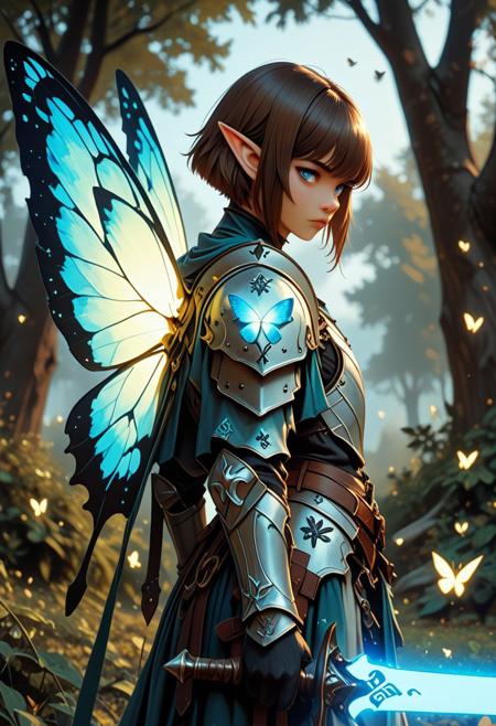 score_9_up, score_8_up, score_7_up, score_6_up. masterpiece, best quality, good quality, very aesthetic, absurdres, semirealism, fantasy, 8K, depth of field, focused subject, cowboy shot, Elf knight, 19yo male, androgynous, pointed ears, short brown hair, male haircut, blue eyes, wearing detailed armor, wielding blue glowing sword, he is standing, sword resting against the ground, large white glowing butterfly wings on the knight's back, park, hkvaloria