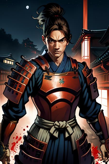 Samanosuke,black eyes, brown eyes, ponytail, 
red japanese armor , blood on armor, serious, 
standing,solo,  upper body,  cowboy shot,   sword, 
Japanese building, nighttime,moon,Sengoku period, 
(insanely detailed, beautiful detailed face, masterpiece, best quality) 
 <lora:Samanosuke:0.8>