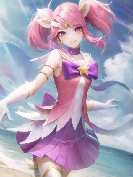 beach, star guardian lux, lux \(league of legends\), star guardian \(league of legends\), league of legends, 1girl, armlet, boots, bow, choker, earrings, elbow gloves, gloves, hair ornament, jewelry, magical girl, pink eyes, pink hair, pleated skirt, purple skirt, ribbon, skirt, smile, solo, thigh boots, thighhighs, tiara, twintails, white gloves, <lora:star_guardian_lux-000031:1>