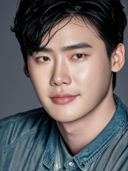 soft lighting, masterpiece, best quality, 8k uhd, dslr, film grain, Fujifilm XT3 photorealistic, leejongsuk 1man, leejongsuk, solo, looking at viewer, simple background, black hair, 1boy, brown eyes, male focus, grey background, portrait, realistic