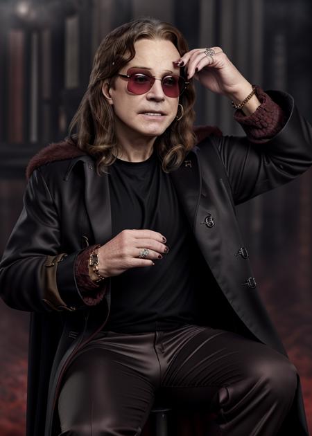 ozzy, brown hair, shirt, long sleeves, jewelry, male focus, realistic, Wrapped in red fog, ozzy, looking at viewer, smile, open mouth, glasses, pants, nail polish, coat, black pants, sunglasses, ring, black nails, watch, wristwatch, multiple rings, grey coat