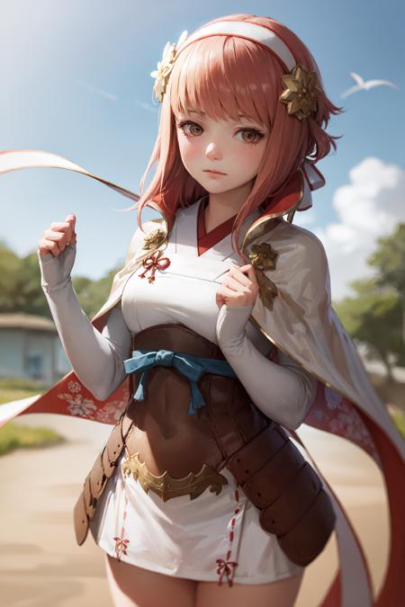 (masterpiece, best quality:1.2), <lora:fireemblem_sakura-08:1>, cowboy shot, solo, 1girl, sakura \(fire emblem\), expressionless, closed mouth, looking at viewer, hairband, japanese clothes, capelet