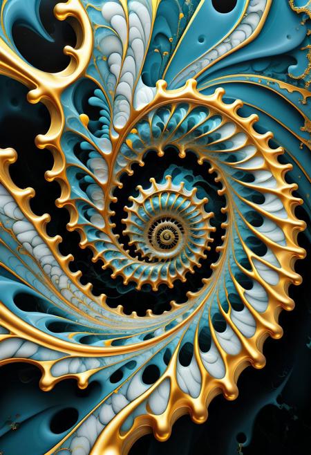 An abstract scene where liquid marble in topaz and gold spirals into a fractal pattern, inspired by the Mandelbrot set. The swirling marble drips and melts in jagged formations, creating a sense of ethereal beauty. The spirals twist and expand in intricate fractal geometry, with the topaz and gold tones contrasting against dark backgrounds. The marble’s flowing motion and complex structure result in an award-winning visual composition that blends mathematics with organic fluidity, showcasing a mesmerizing, dynamic scene.