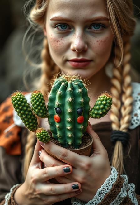 realistic photography of a cute cactus plant with face in the arms of a french women with blonde hair, freckles face, braids, medieval style