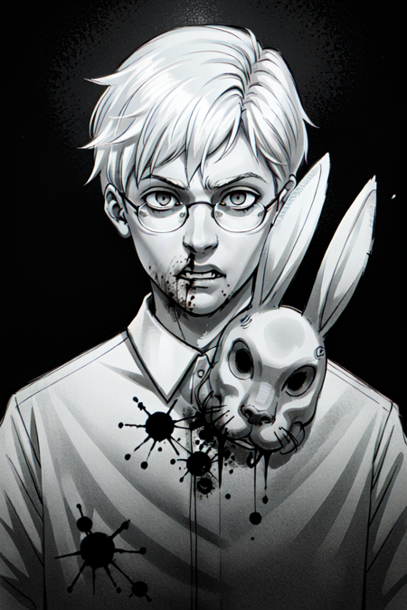 anton, solo, short hair, shirt, 1boy, monochrome, upper body, greyscale, male focus, white hair,  glasses,  <lora:anton:0.6>
blood, carnage, guts, horror \(theme\), bunny mask,, slate atmosphere, cinematic, dimmed colors, dark shot, muted colors, film grainy, lut, spooky