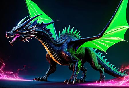 Synthwave, A violent obsidian dragon with leathery wings, spines running the length of its spine and tail, upswept horns and breathing Green fire at the camera