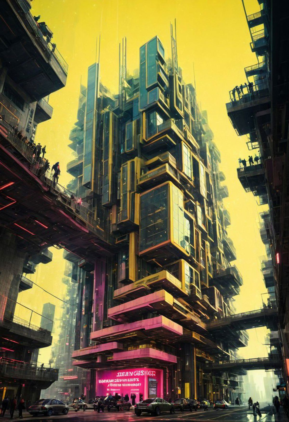 A large futuristic building with a yellow and purple color scheme.