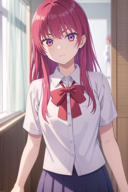 sakisaki, <lora:saki saki s2-lora-nochekaiser:1>,
saki saki, long hair, bangs, (red eyes:1.3), red hair,
BREAK skirt, shirt, bow, school uniform, white shirt, short sleeves, pleated skirt, bowtie, blue skirt, 
BREAK indoors, classroom,
BREAK looking at viewer, (cowboy shot:1.5),
BREAK <lyco:GoodHands-beta2:1>, (masterpiece:1.2), best quality, high resolution, unity 8k wallpaper, (illustration:0.8), (beautiful detailed eyes:1.6), extremely detailed face, perfect lighting, extremely detailed CG, (perfect hands, perfect anatomy),