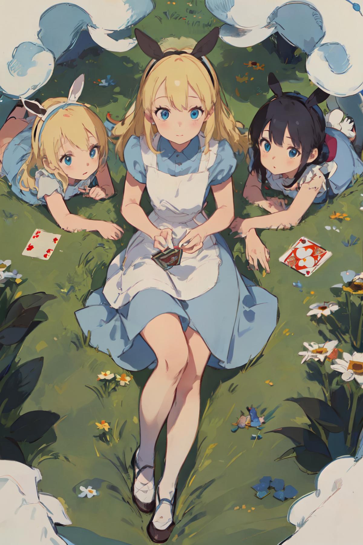 Three cartoon girls, one dressed as Alice in Wonderland, playing with cards on the grass.