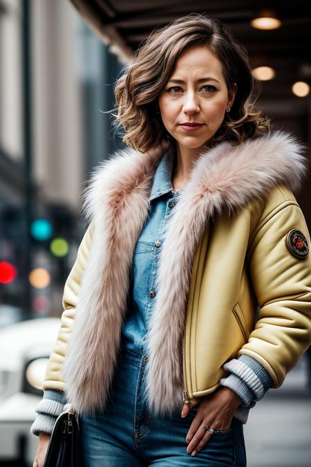 perfect cinematic shoot of a beautiful woman (EPKr1st3nSch44l:.99), a woman standing at a (modest cosmic), perfect hair, wearing sexy (Pastel Yellow  Faux shearling aviator jacket with a faux fur collar and a vintage-inspired design :1.2), (people in background:1.1), (detailed background:1.1), (face focus), modelshoot style, (extremely detailed CG unity 8k wallpaper), professional majestic (photography by Paul Gravett:1.1), 24mm, exposure blend, hdr, extremely intricate, High (Detail:1.1), dramatic, soft cinematic light, (looking at viewer), (detailed atmosphere), 8k, highly detailed, rich environment, 4k textures, soft cinematic light, elegant, ((((cinematic look)))), soothing tones, insane details, hyperdetailed,  ("Dreams into reality with SDKoh!":1.1), (epiCPhoto)