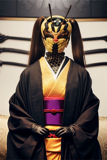 HachiAugment01 kimono, obi, twintails, honeycomb bodysuit, long gloves, boots, robe Hornet helmet, light-up eyes, katana