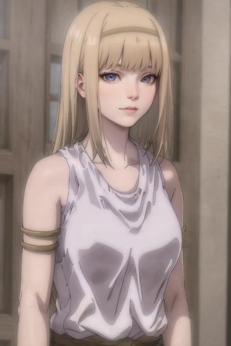 portrait, straight-on, sad_smile, 
masterpiece, best quality, high quality, highres, solo,moody lighting, BREAK,
ANIME_AttackOnTitan_YmirFritz_ownwaifu, www.ownwaifu.com, 
1girl, blonde hair, grey eyes, bangs, breasts, collarbone, hair over eyes, lips, long hair, medium breasts,  shaded face, 
shibari over clothes, hairband,  armlet, bare shoulders, grey dress, hair ornament, sleeveless, tank top, 
<lora:ANIME_AttackOnTitan_YmirFritz_ownwaifu-15:0.9>