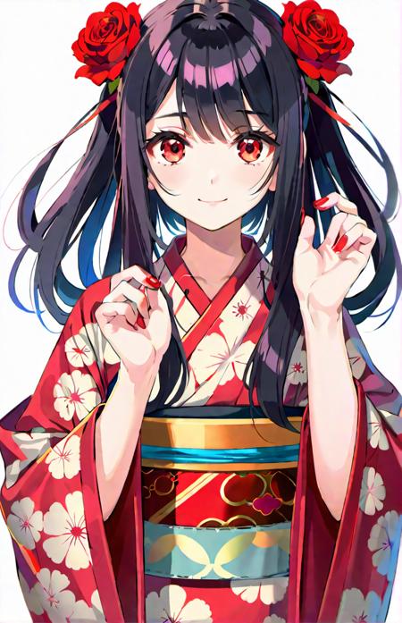 (masterpiece,best quality,ultra_detailed,highres,absurdres:1.4),1girl, solo, kimono, smile, twintails, hairband, heterochromia, flower, obi, sash, standing, rose, bangs, ribbon, yukata, japanese clothes, hair ornament, red eyes, red flower, hair flower, yellow eyes, red kimono, white background, clock eyes, black hair, long hair, simple background, looking at viewer, wide sleeves, red nails, closed mouth, print kimono, nail polish, long sleeves, symbol-shaped pupils, floral print, red hairband, red rose