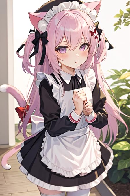 best quality, masterpiece, highres, solo, {maid:1.40}, {long maid dress:1.15}, {kisaragi_azurlane:1.15}, long_hair, animal_ears, cat_ears, pink_hair, ribbon, blush, pink_eyes, hat, animal_ear_fluff, bow, cat_tail, tail, school_hat, bangs, one_side_up, yellow_headwear, hair_between_eyes, hair_ribbon, purple_eyes, ears_through_headwear, very_long_hair